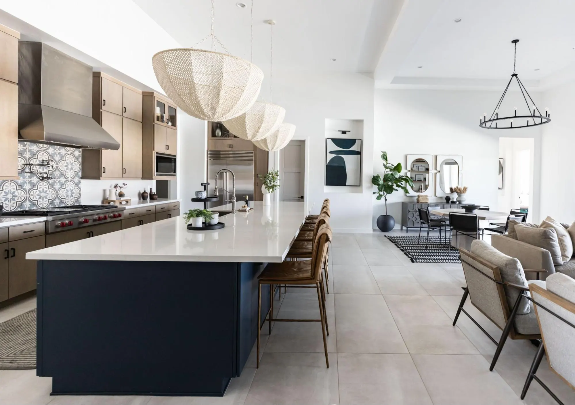 An open-concept one-wall luxury kitchen layout, seamlessly blending kitchen and living spaces for a modern lifestyle.