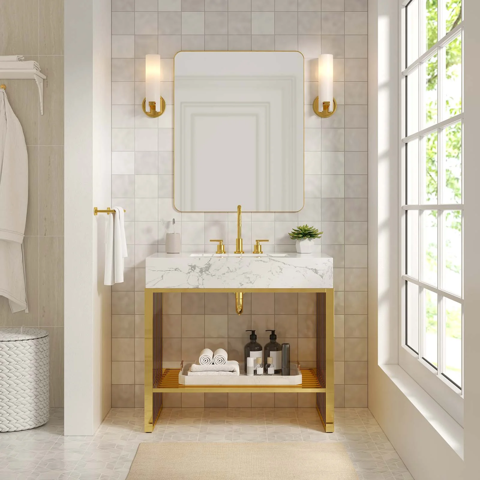 A symphony of vanity craftsmanship in polished marble.