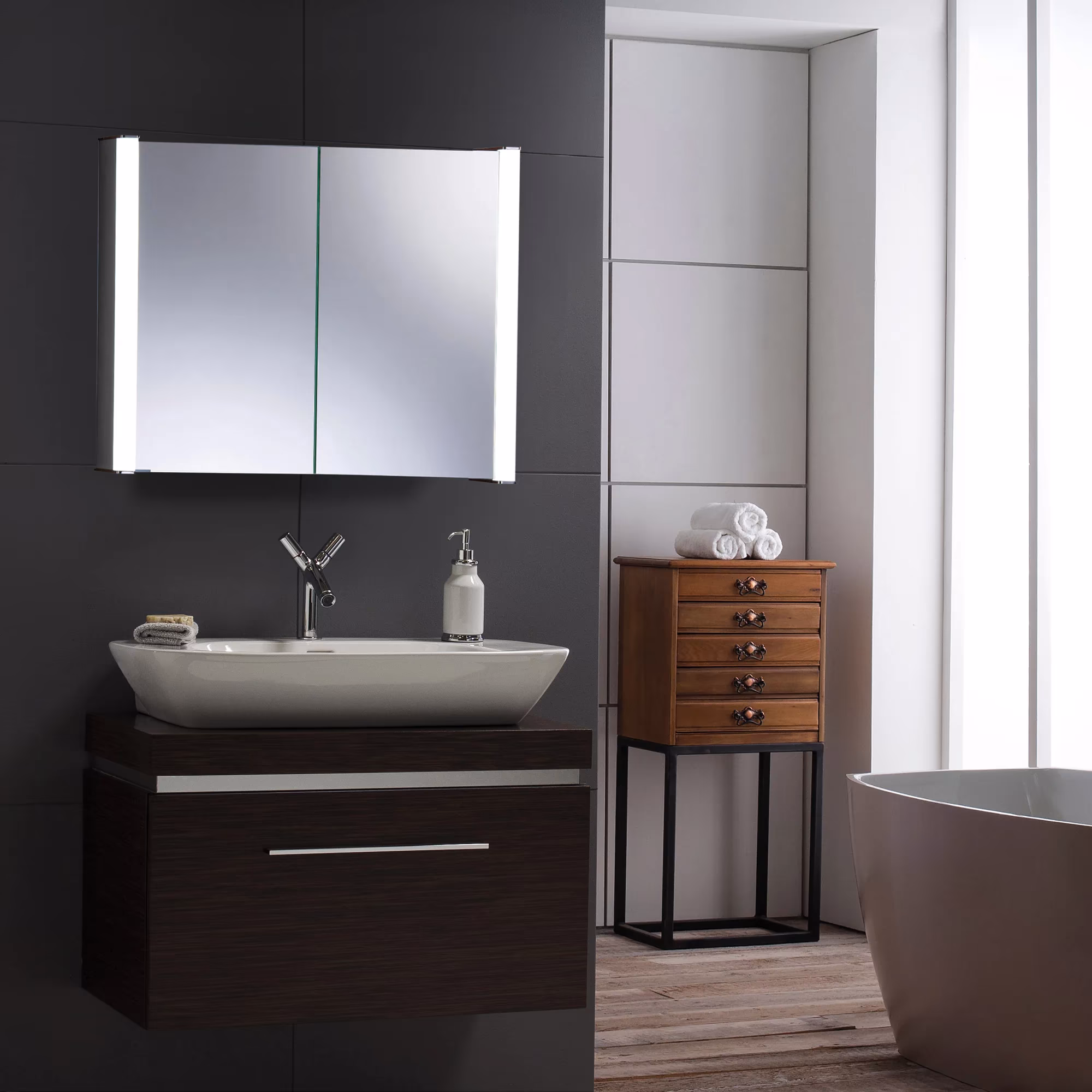 A designer bathroom cabinet, illuminated to perfection.