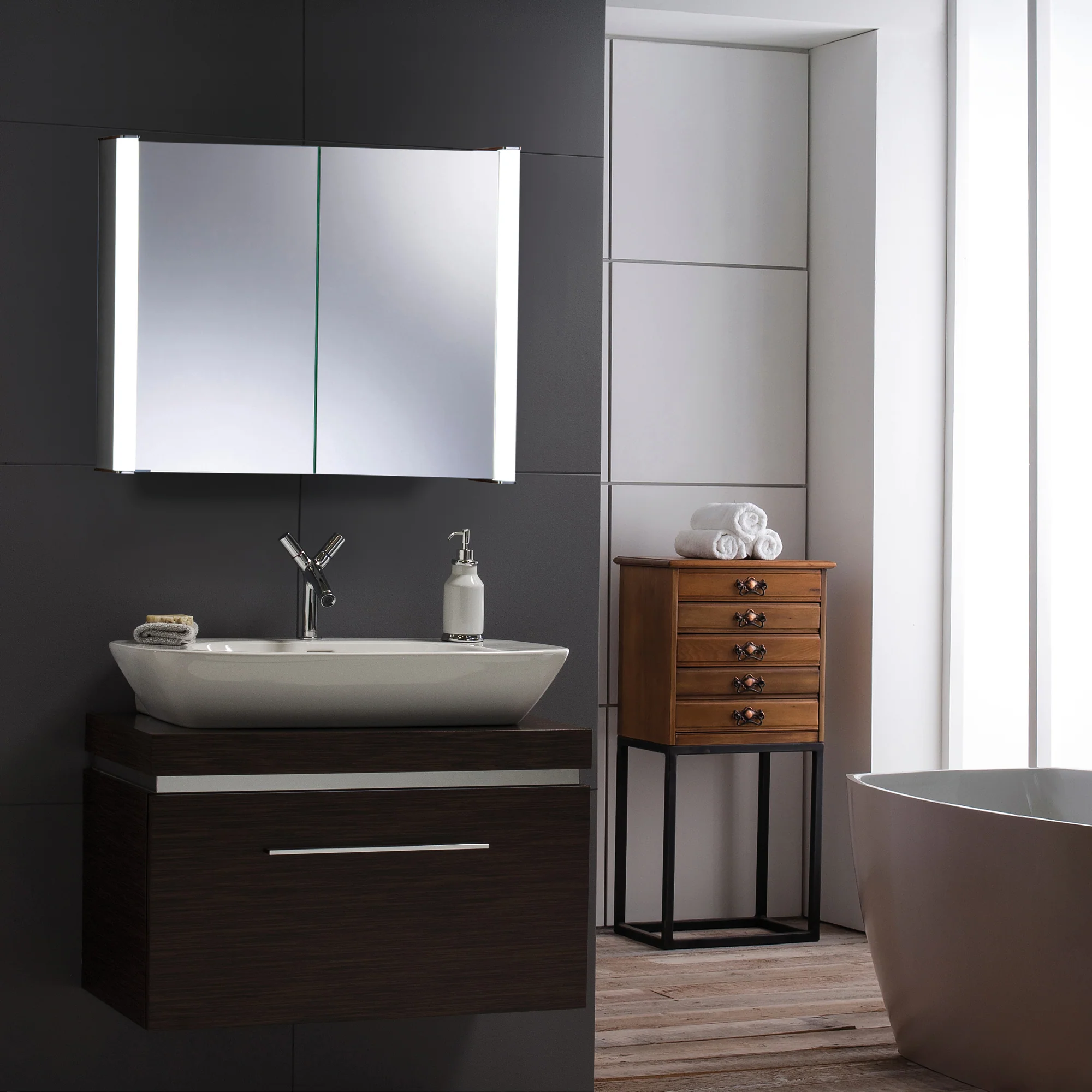 A designer bathroom cabinet, illuminated to perfection.