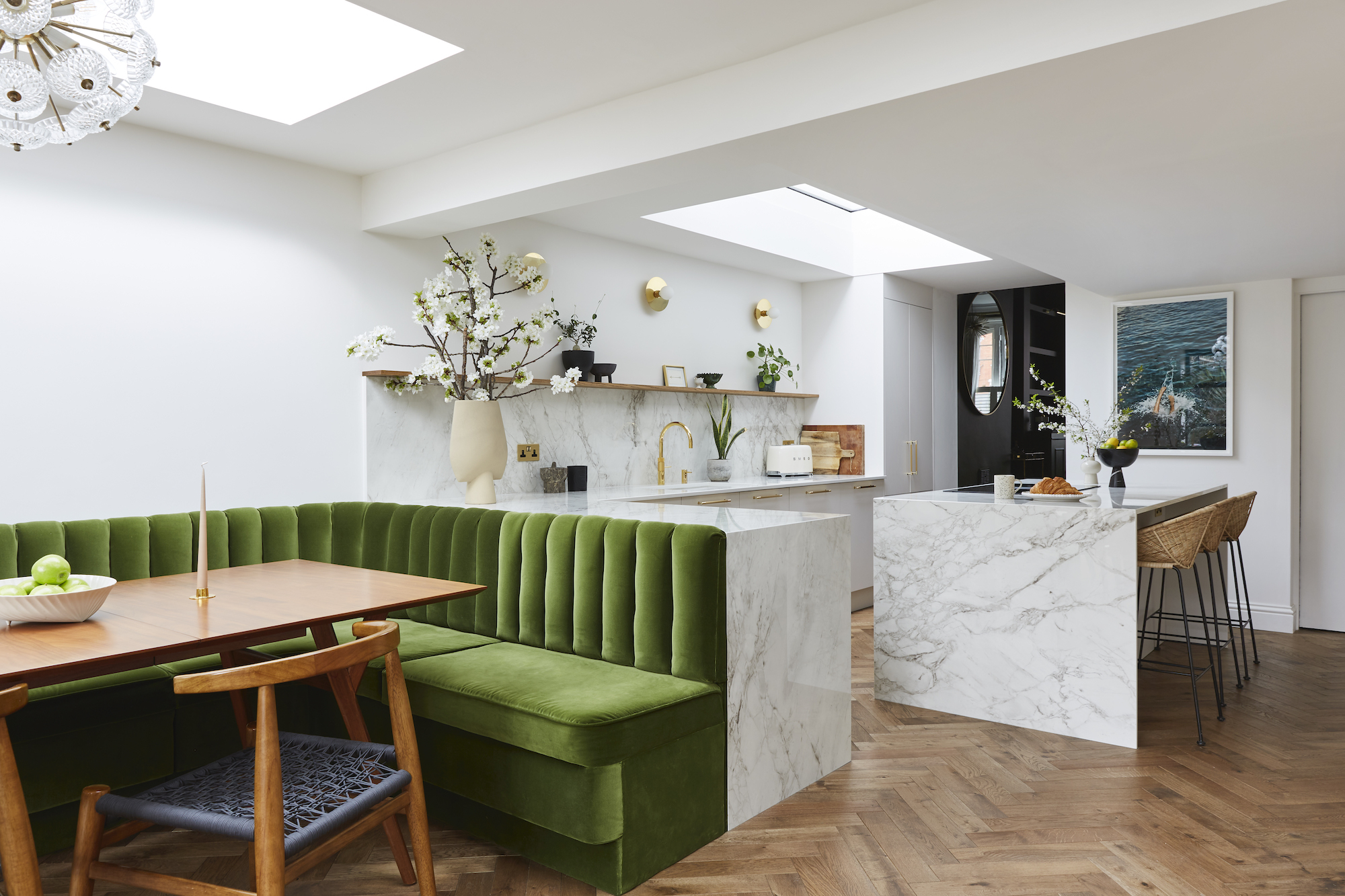 A built-in bench integrates seamlessly with custom kitchen upgrades for cozy seating.