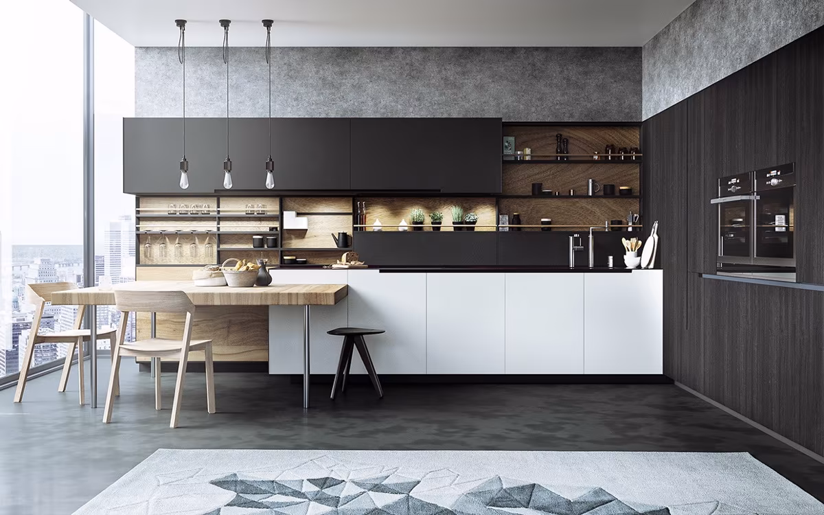 Contemporary charm with a sleek and minimalist custom kitchen island design.