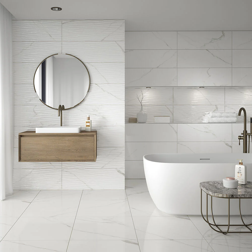 A modern bathroom with large-format tiles, showcasing a sleek and expansive look