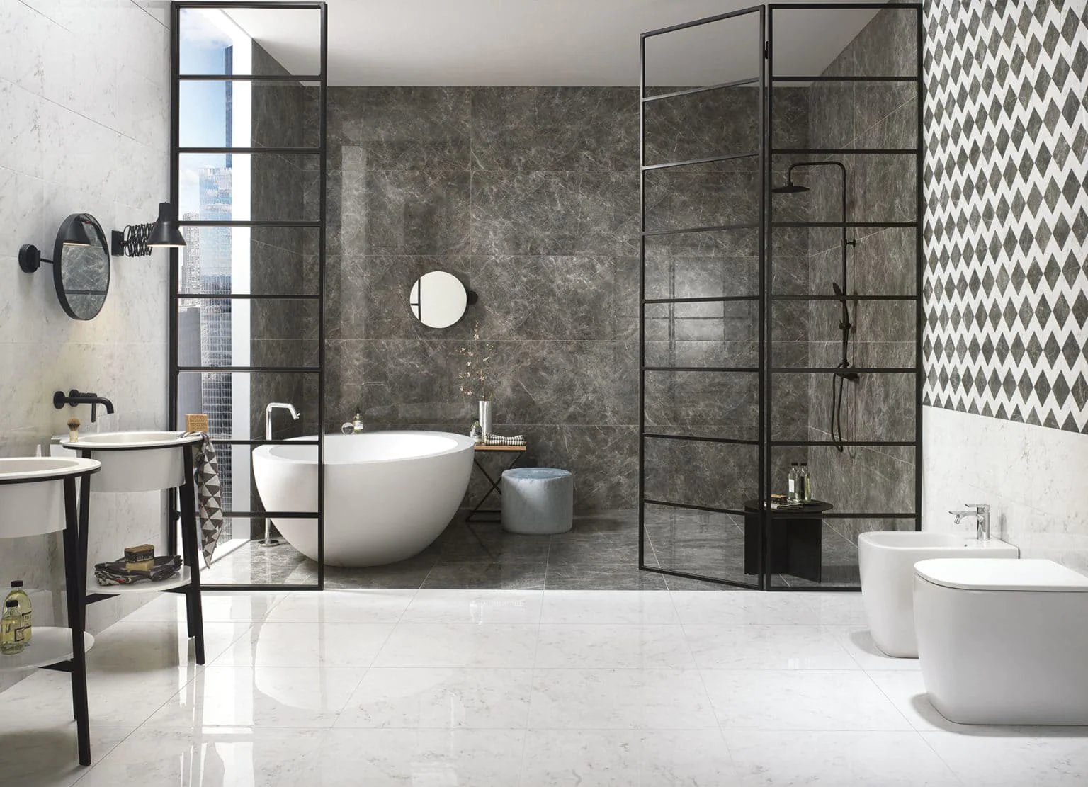 A modern high-end bathroom featuring sleek porcelain tiles, epitomizing contemporary elegance