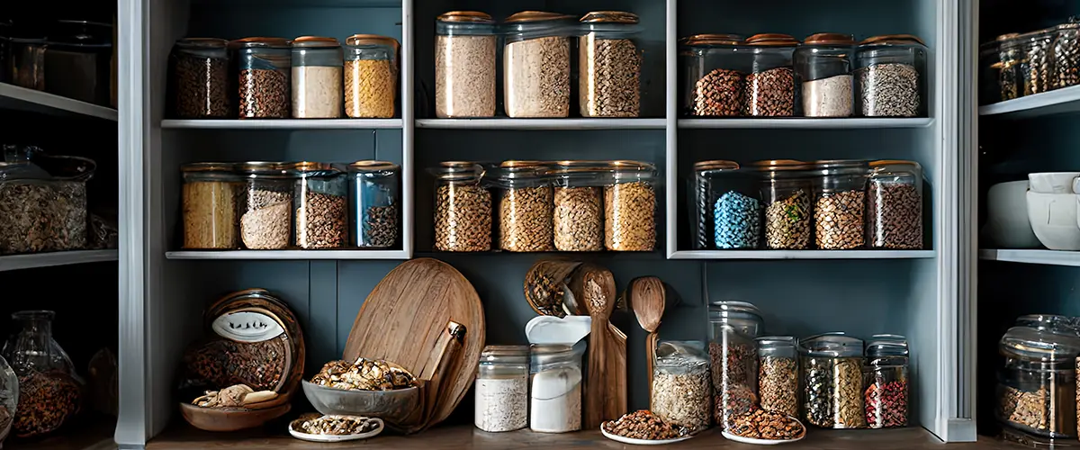 Elegant glass shelving in a bespoke pantry design, marrying function with modern aesthetics.