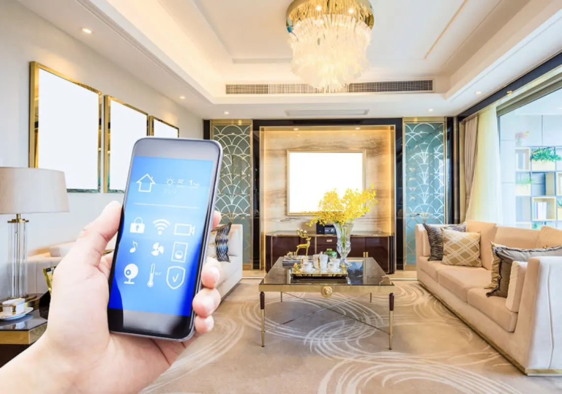 A luxurious living room illuminated by smart lighting, showcasing the seamless integration of smart home technology