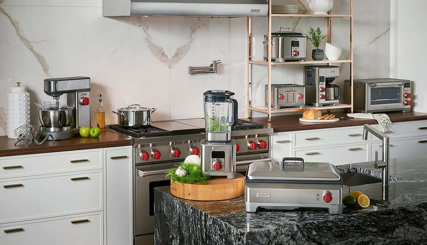 Showcase of Gourmet Kitchen Appliances in a Luxurious Kitchen Setting