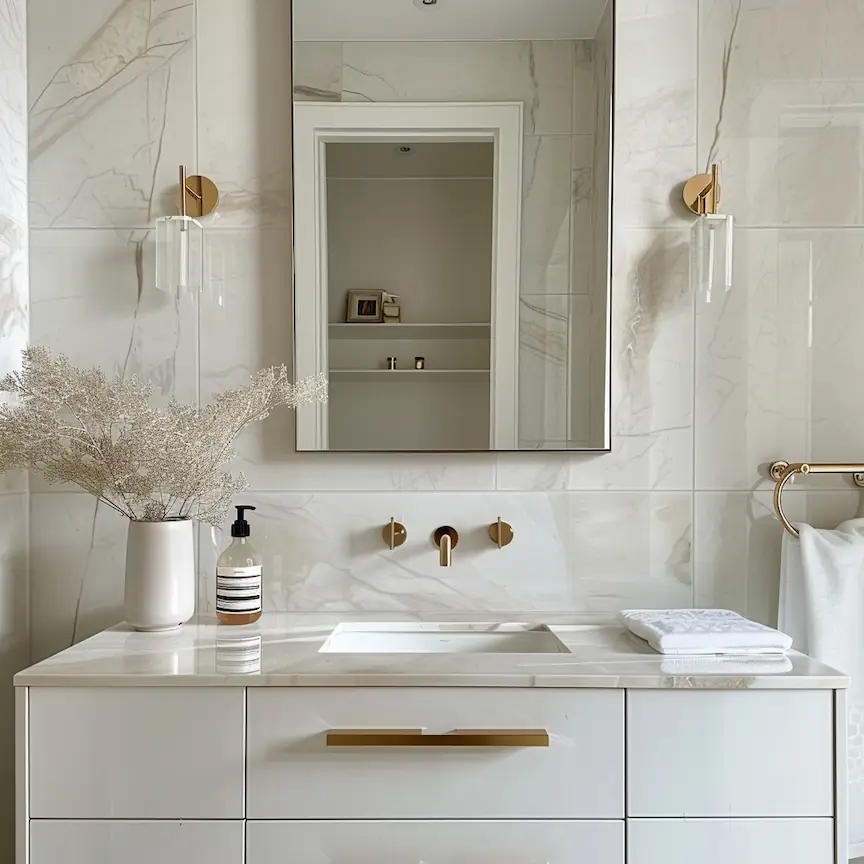 Sleek floating vanity enhancing the spacious feel of a luxury contemporary bathroom.