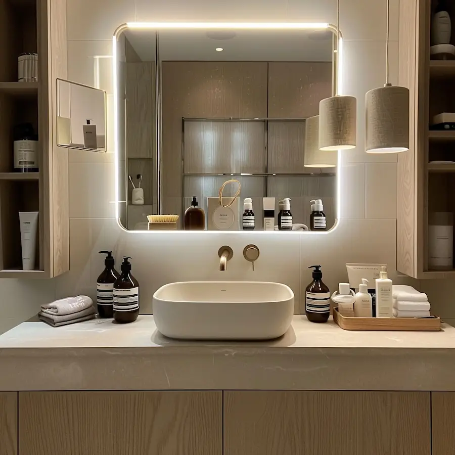 Innovative smart mirror in a modern luxury bathroom, blending technology with convenience.
