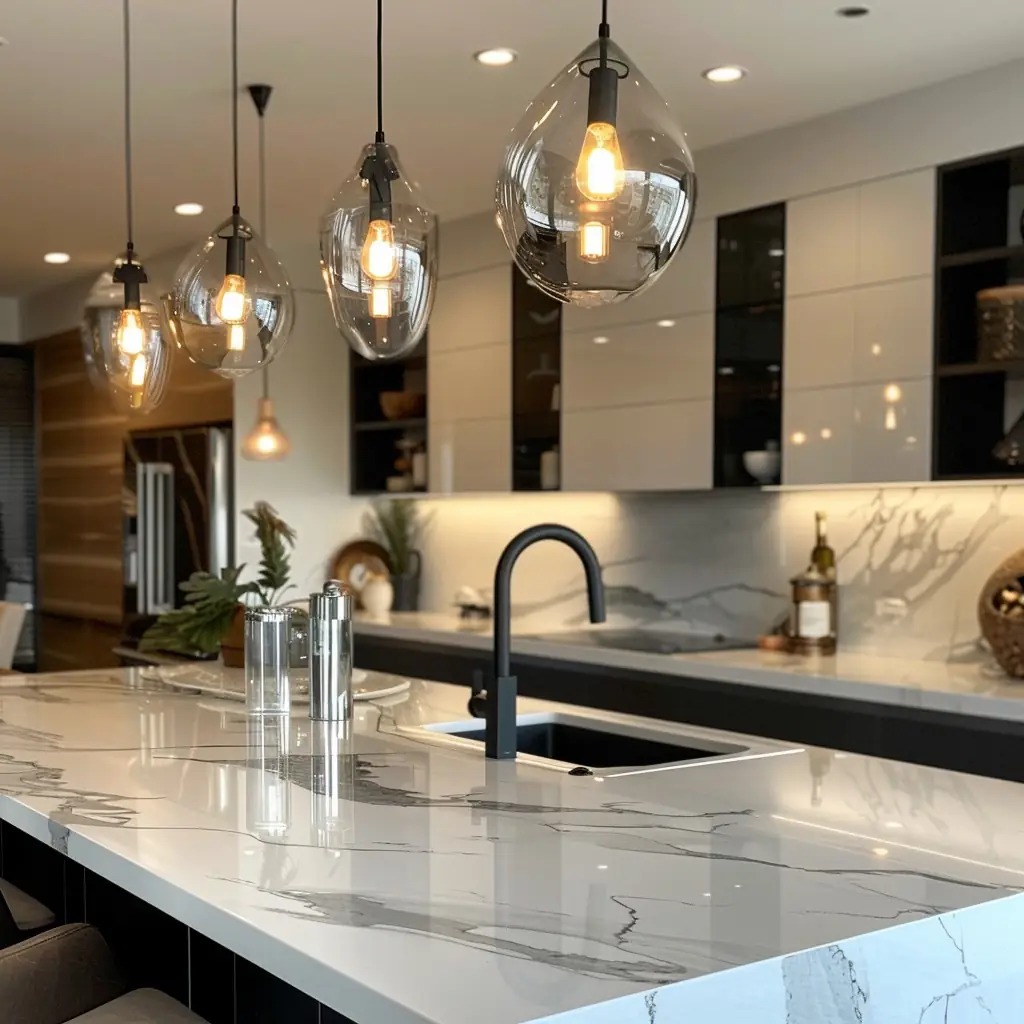 An upscale kitchen scene with large tear-shaped glass pendant lights above a white marble countertop island, featuring a matte black faucet, surrounded by high-gloss cabinetry and accented with minimalist décor.
