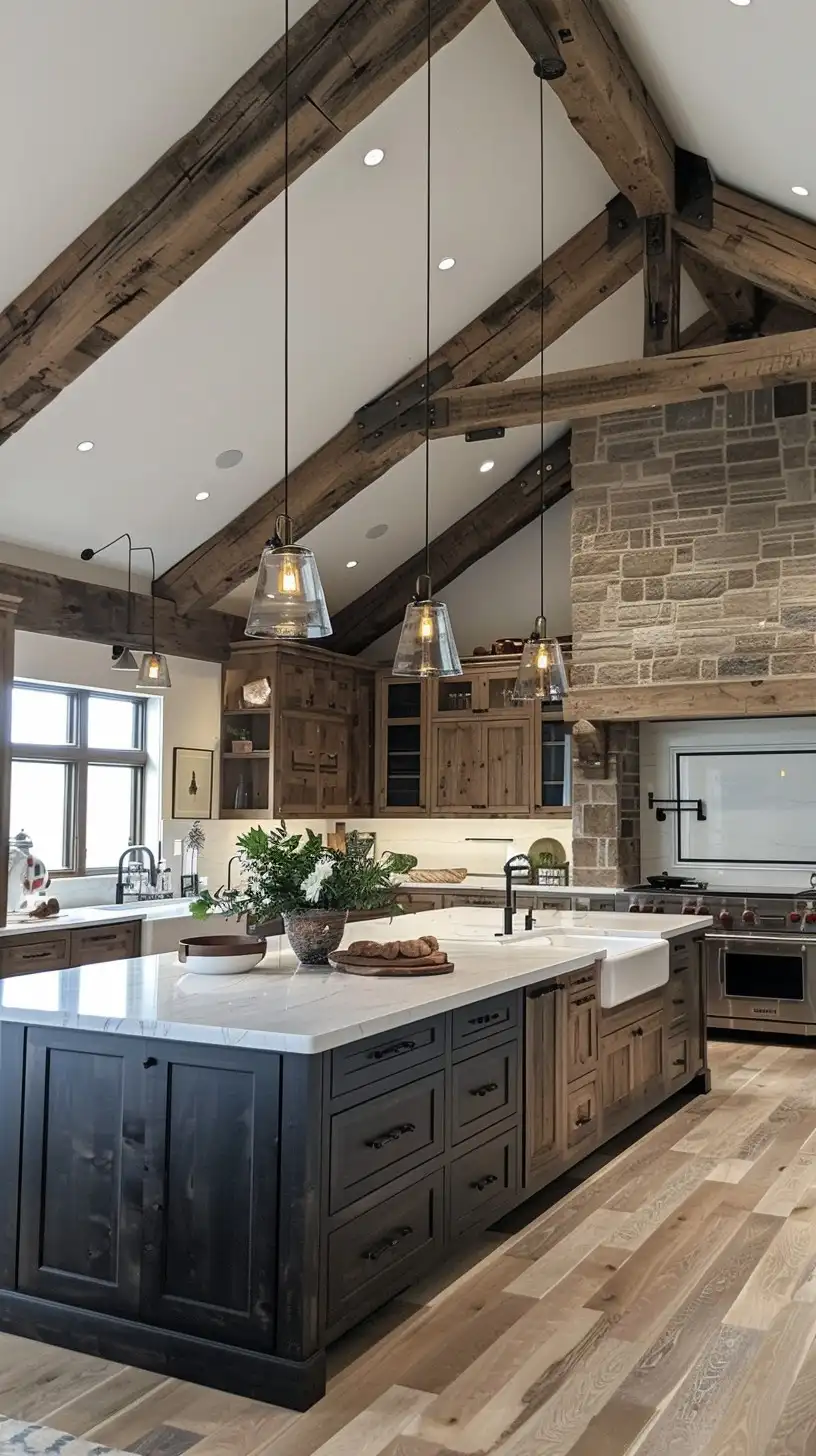 A large kitchen interior displaying a contrast of rustic wooden beams against a modern stone accent wall, with glass pendant lights hanging above the island and dark wood cabinets paired with a white countertop.