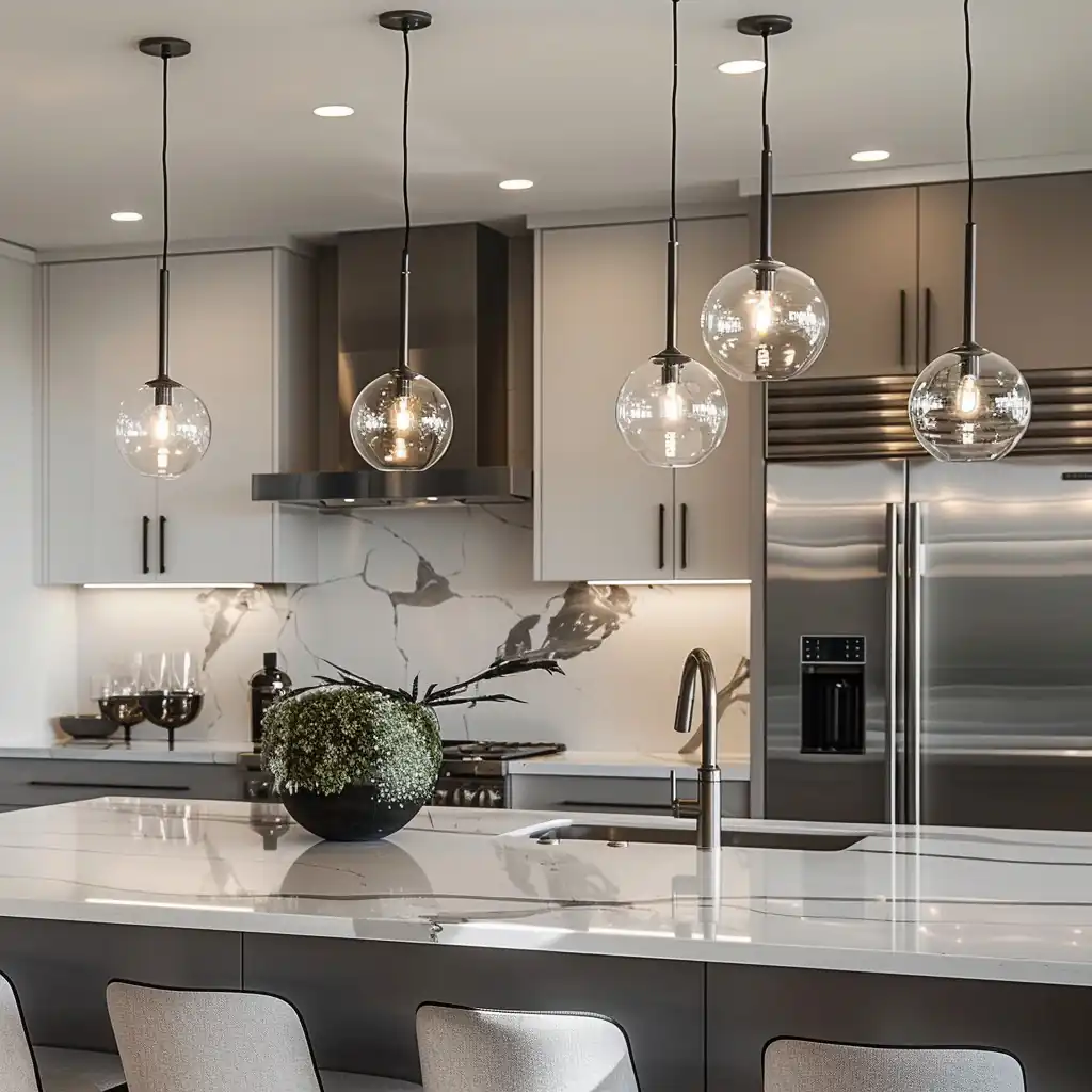 A contemporary kitchen featuring a reflective white countertop, sleek pendant lighting, stainless steel appliances, gray cabinetry, and a decorative marble wall behind the stove.
