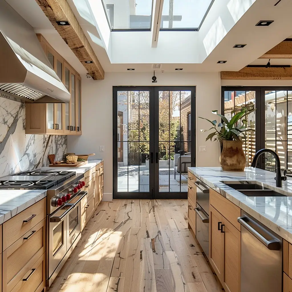 Modern kitchen with abundant natural light from skylights and full-height glass doors, featuring light wooden cabinetry, high-end appliances, marble backsplash, and herringbone patterned wooden floor