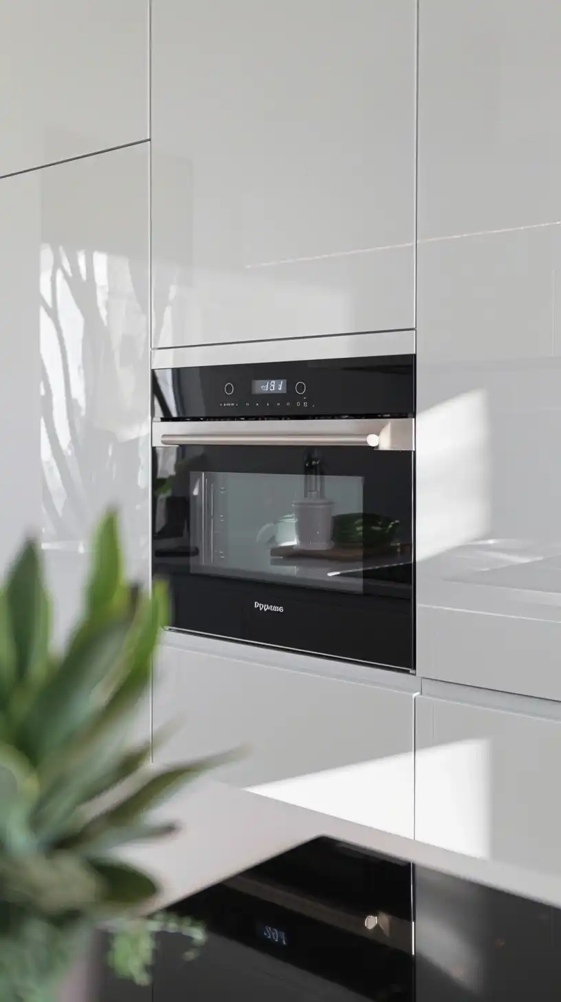 A close-up view of a modern kitchen with built-in appliances, featuring an oven and microwave set in high-gloss white cabinetry, with a reflection of light on the surfaces and a blurred foreground of a green houseplant leaf.