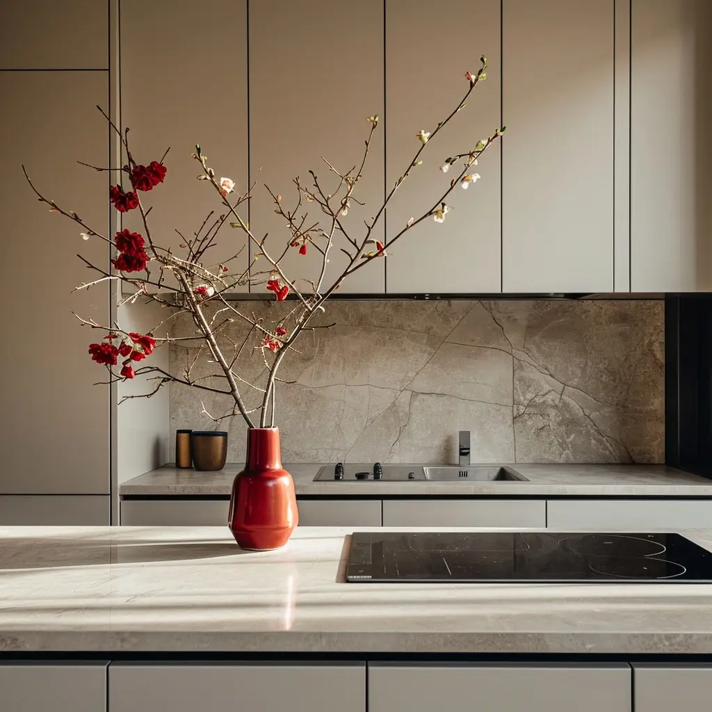 Modern minimalist kitchen countertop with a matte finish, featuring a red vase with branches of red flowers providing a pop of color against the neutral tones of the cupboards and stone backsplash.