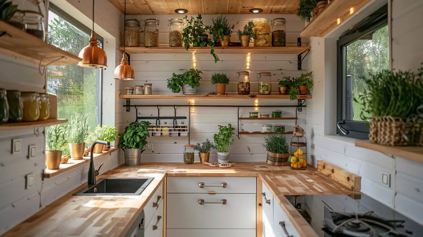 A well-lit tiny home kitchen with wooden countertops, white shiplap walls, hanging copper pendant lights, and multiple green plants in pots. Glass jars with various dried goods are on open shelving with string lights adding a warm glow.