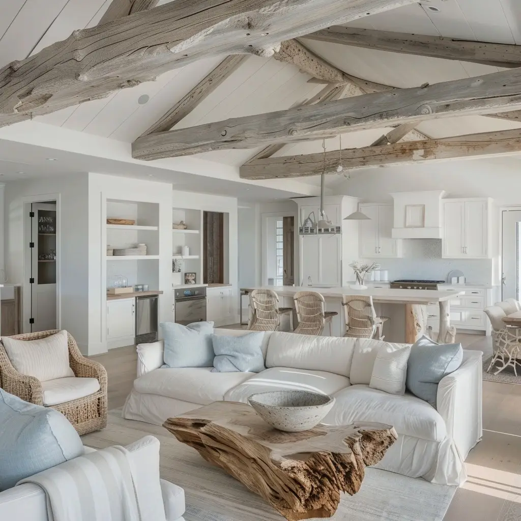 Open-plan living space with weathered wooden beams on the ceiling, white slipcovered sofas, and wicker armchairs surrounding a natural wood coffee table. In the background, a white kitchen with shaker cabinets, a central island, and modern appliances is visible, all bathed in natural sunlight.