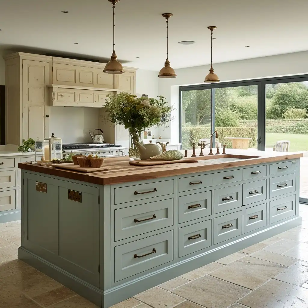 A spacious kitchen featuring a large island with a butcher block countertop and sage green cabinetry, topped with a vase of fresh flowers. Elegant bronze pendant lights hang from the ceiling, and the room is flooded with natural light from large glass doors showcasing a green landscape outside.
