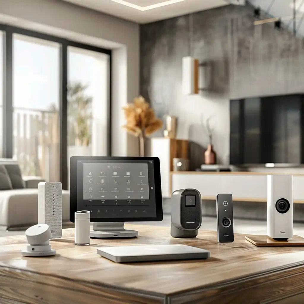 An array of smart home devices, including a tablet with a control interface, speakers, a camera, and other sensors, arranged on a wooden table in a stylish living room with a sofa, TV, and large windows.