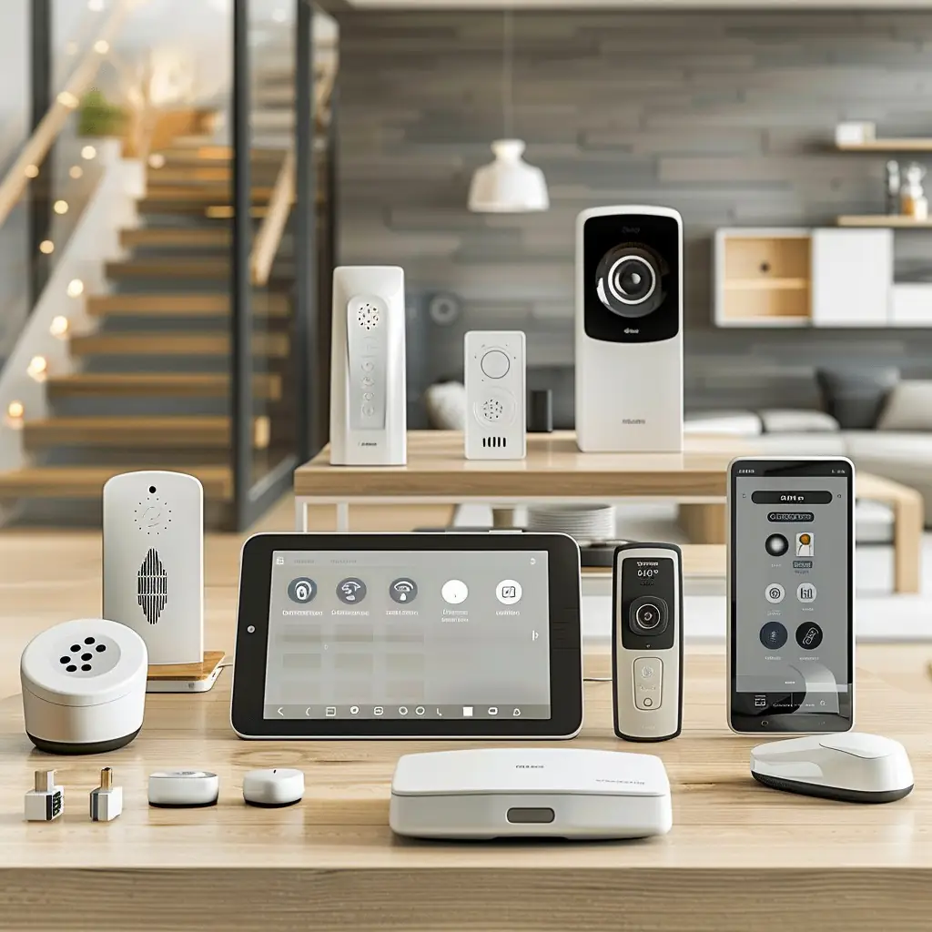 A collection of smart home devices neatly displayed on a wooden table, including a central control tablet with a user-friendly interface, various sensors, a camera, a smart doorbell, and other related gadgets, with a stylish living room and staircase in the soft-focused background.