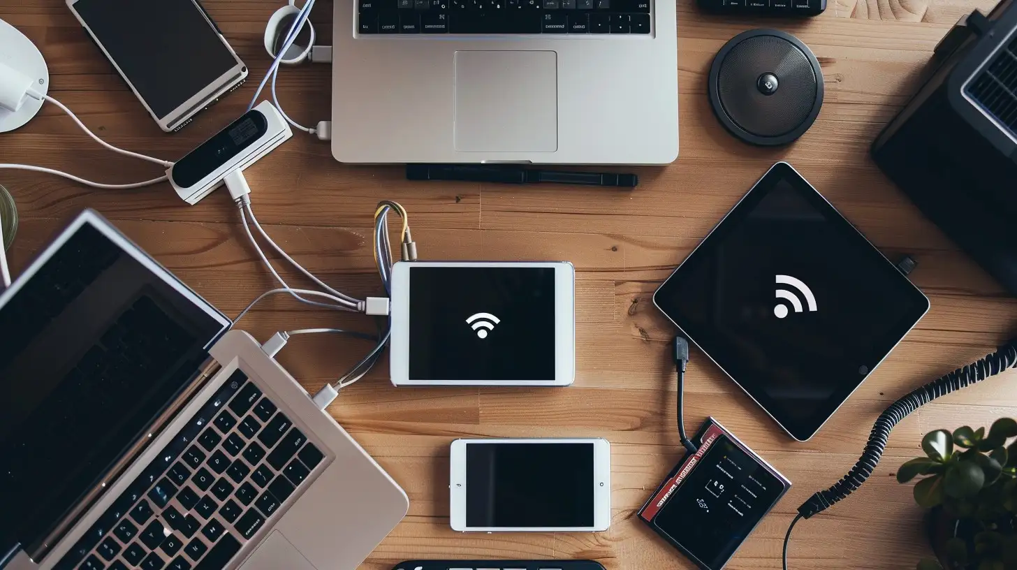 A top-down view of a wooden desk with multiple digital devices, including laptops, smartphones, and tablets displaying Wi-Fi icons, all connected to charging cables, with a portable speaker and external hard drive also present, creating a busy yet efficient charging station.