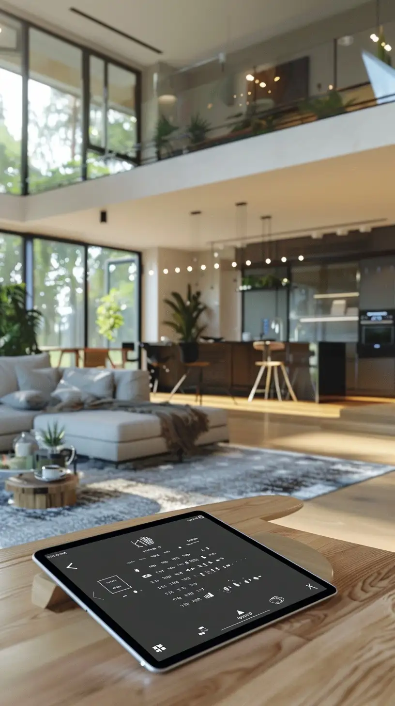 A digital tablet with a smart home control interface is prominently displayed in the foreground on a wooden coffee table. In the background, the interior of a luxurious modern living room is softly lit, showcasing comfortable furnishings and a spacious two-story design with large windows overlooking greenery outside.