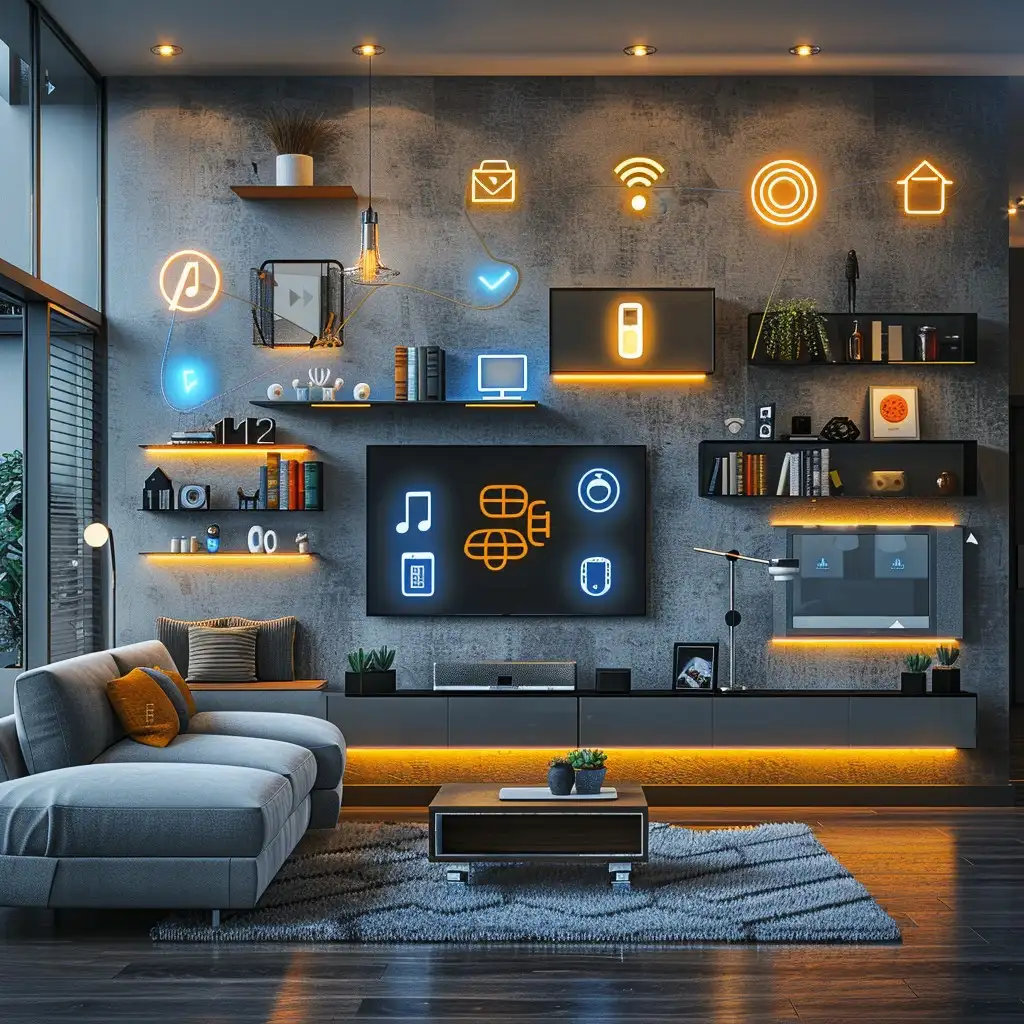 A sophisticated living room features a large flat-screen TV surrounded by glowing icons representing smart home functions like lighting, music, and climate control. The room is well-appointed with a stylish sofa, contemporary furnishings, bookshelves, and ambient lighting that enhances the high-tech atmosphere.