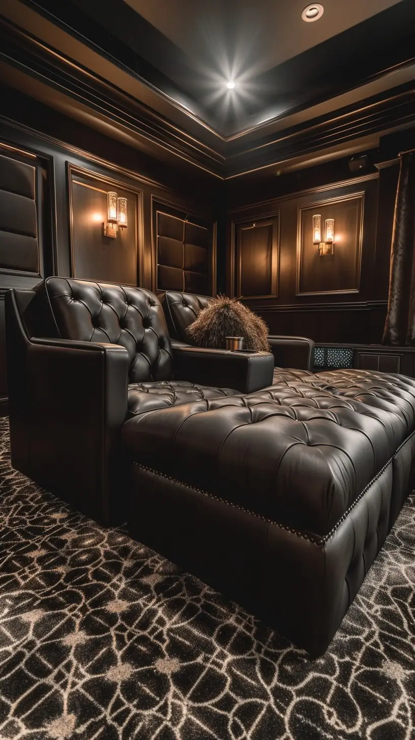 A luxurious home cinema room with rich, dark wood paneling, tufted black leather armchairs and ottoman, elegant sconce lighting, and a patterned carpet, creating an inviting space for watching films