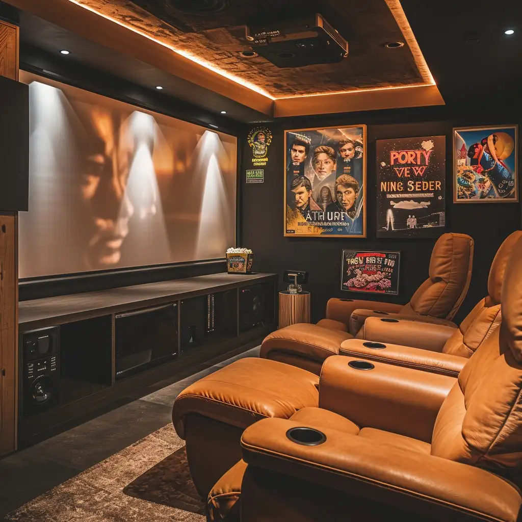 An intimate and opulent home theater setup featuring a row of high-end tan leather reclining chairs facing a large projection screen, surrounded by walls adorned with vintage movie posters, a beam-projected film scene, and state-of-the-art audio equipment.