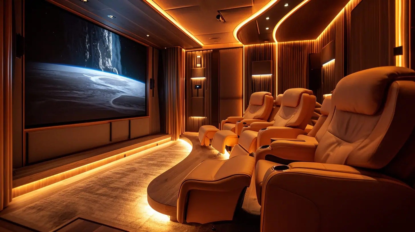 A high-end home theater room with a large screen displaying a space scene, surrounded by curved rows of luxurious tan leather reclining chairs with cup holders, illuminated by soft golden lighting that accents the walls and floor for an immersive movie experience.