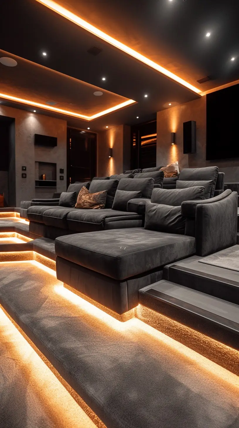 A sophisticated home cinema room featuring rows of plush black sofas with built-in ambient golden lighting along the steps, a dark-toned ceiling with recessed and spot lighting, and a cozy, inviting atmosphere for movie nights.
