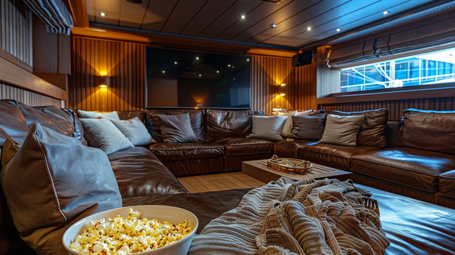 Comfortable and stylish home theater with multiple tiers of brown leather couches, soft throw pillows, a bowl of fresh popcorn in the foreground, warm lighting giving off a cozy vibe, and a large screen waiting to light up with a movie.