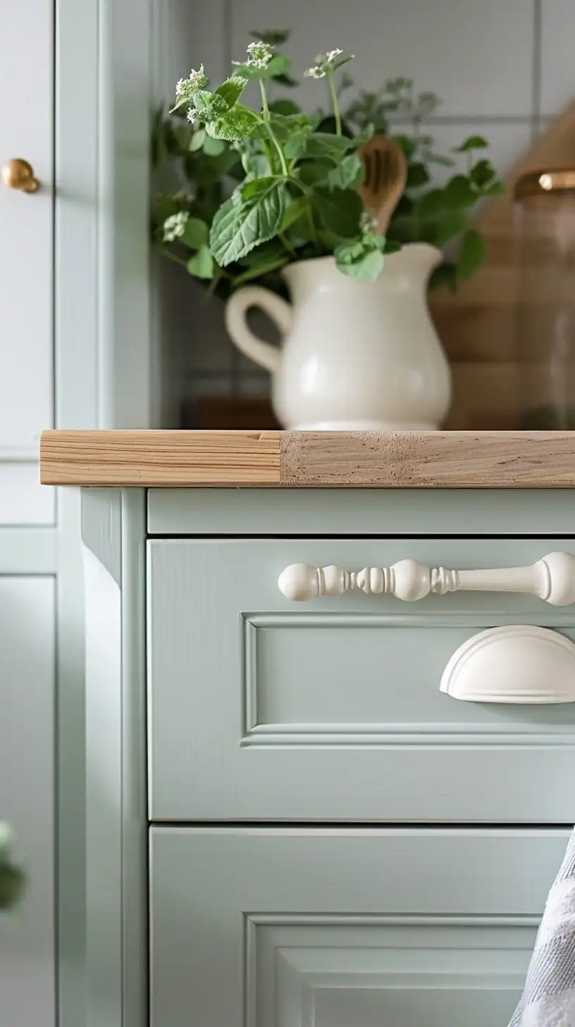 A close-up view of a kitchen counter with a white ceramic pitcher holding fresh green herbs on a wooden countertop, next to a glass-fronted green cabinet with brass handles.