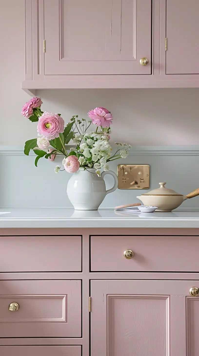 An elegant pastel pink kitchen setup with brass fittings featuring a white ceramic pitcher filled with pink flowers and greenery on the counter, a ceramic pot with a wooden spoon, and a stylish wall outlet.