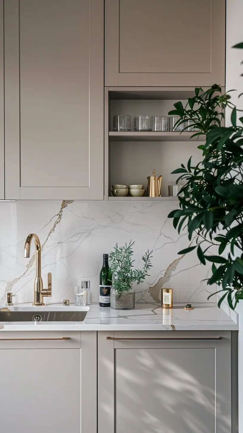 A modern kitchen scene featuring beige cabinetry, white marble countertops with elegant veining, and gold accents including a faucet and cabinet handles. Decorative elements include a wine bottle, a pot with a green plant, and a golden container, all complemented by a lush green plant in the foreground.