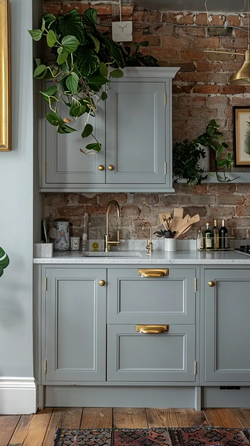 A modern gray kitchen cabinet with brass handles set against an exposed red brick wall, accented by hanging green plants, a brass sink fixture, and a patterned rug on a wooden floor.