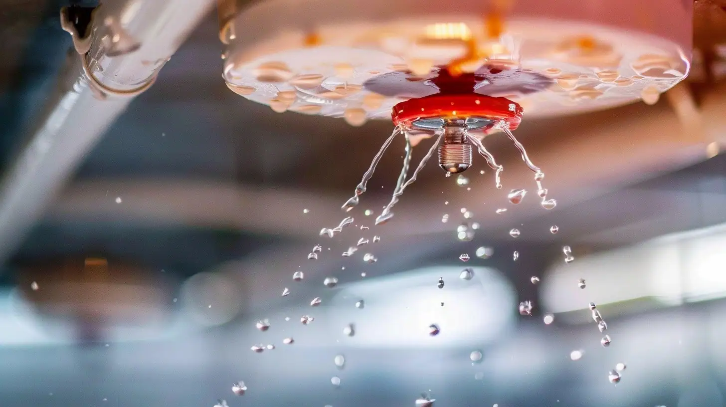 A detailed view of water droplets dispersing from an activated red fire sprinkler head, with a soft-focus background showing the interior of a building.
