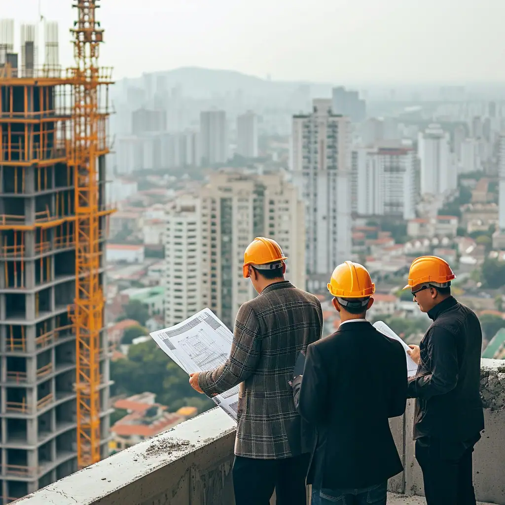 Three construction professionals wearing hard hats stand on the edge of a building under construction, looking over blueprints with a dense urban skyline stretching out behind them.
