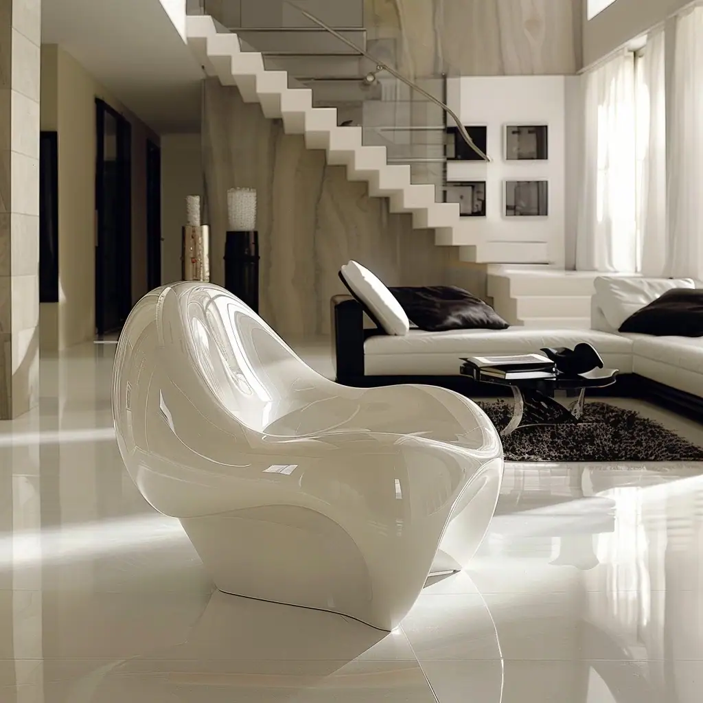 A contemporary-style living room with a glossy white floor. The room is furnished with a stylish, glossy white sculptural chair in the foreground, a black and white sectional sofa, and a minimalist white staircase with transparent side panels leading to an upper level. Sunlight filters through sheer curtains, creating a bright and airy atmosphere.