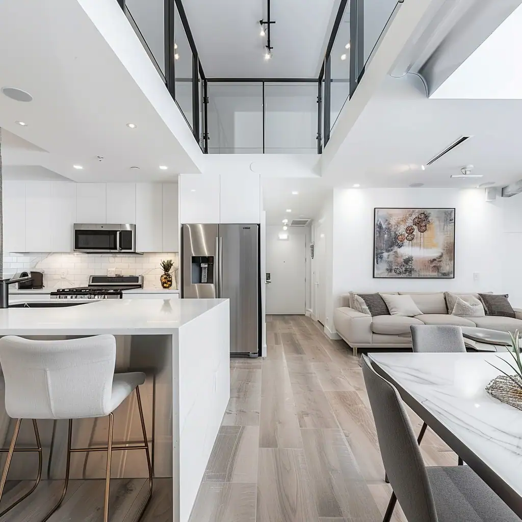 A bright and airy open-concept living space boasting modern design. The kitchen area features white cabinetry, stainless steel appliances, and a white countertop with bar stools for casual dining. The adjoining living area has a comfortable beige sofa, a decorative painting on the wall, and large windows that allow natural light to flood in. Dark metal railings on the upper level add a touch of industrial chic to the clean, contemporary lines of the room.