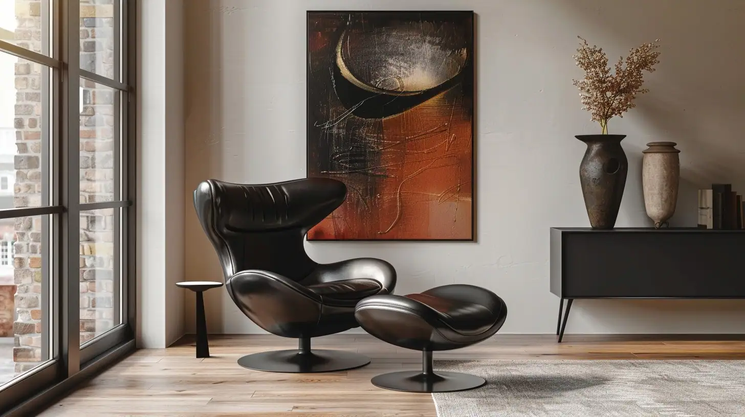 An inviting interior space with large windows showing a brick building outside. A luxurious black leather armchair and ottoman set on a light wooden floor, next to a small round side table. On the wall, a large abstract painting with dark and warm tones complements the scene, while on a sleek black console, two rustic vases with dried plants add an organic touch to the modern setting.