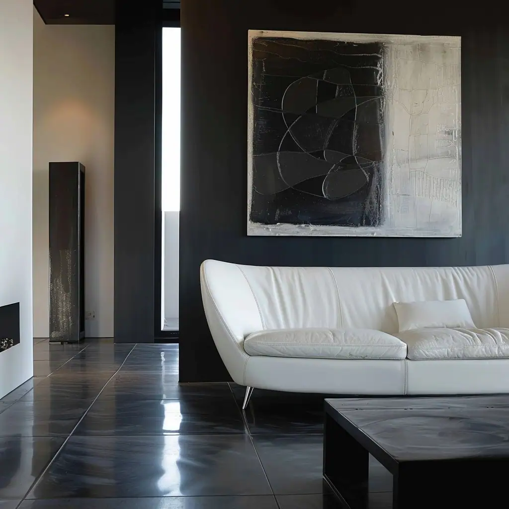 Minimalist interior design featuring a sleek white leather sofa with curved lines set against a dark wall. An abstract monochrome painting hangs above, while a reflective black floor tiles add depth to the space. A tall, slender floor lamp stands to the left, and a low-profile black coffee table is situated in front of the sofa.