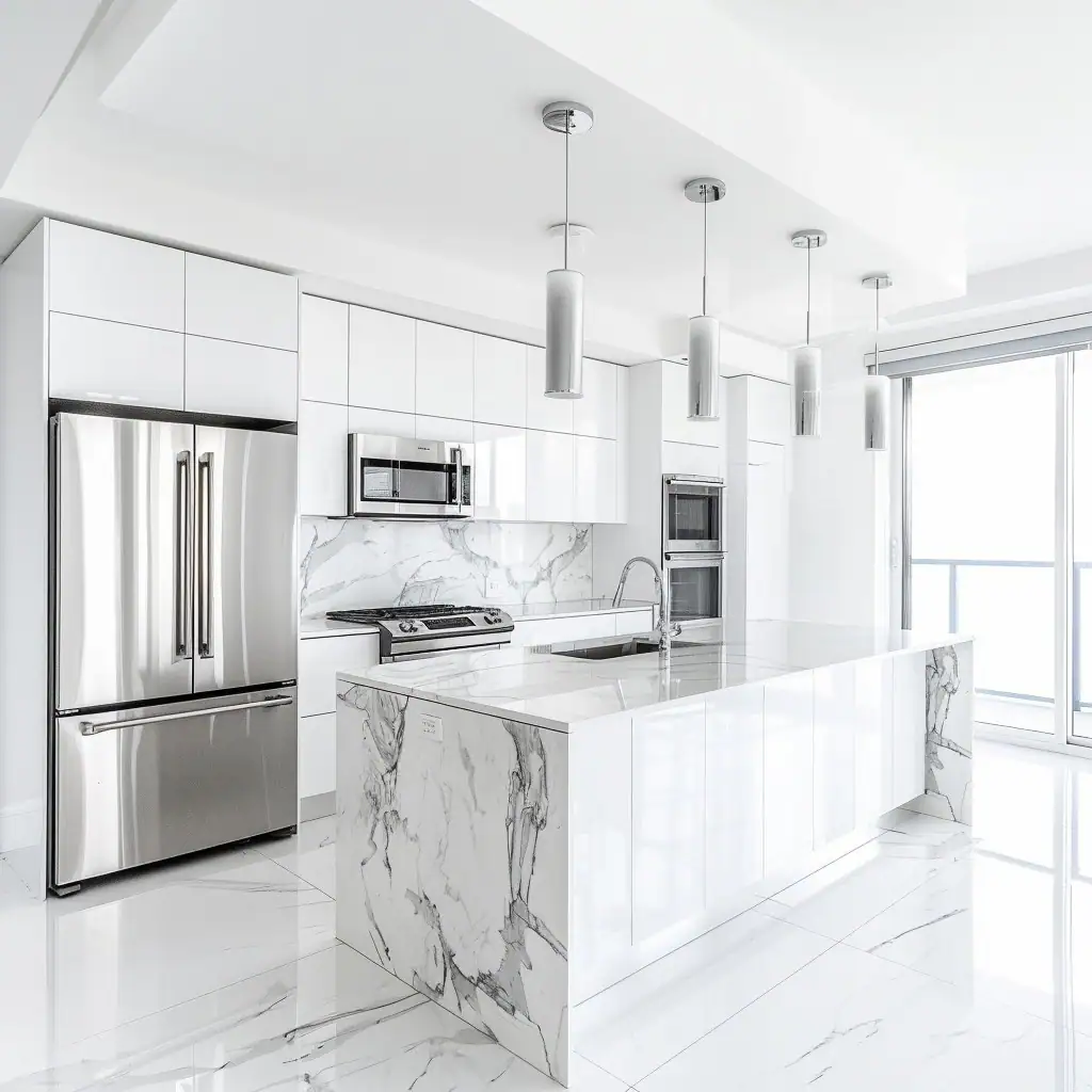 A luxurious white kitchen with marble countertops and floors reflecting the sunlight from the large windows. Stainless steel appliances, including a double-door refrigerator, microwave, and oven, are complemented by cylindrical pendant lights hanging from the ceiling.