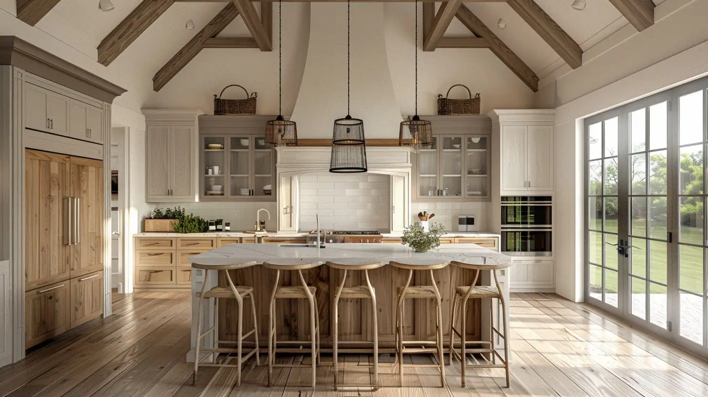 A spacious kitchen combines rustic wooden beams and cabinetry with modern design, featuring a large central island with stone countertops and wooden stools. Elegant pendant lights hang from the vaulted ceiling, and floor-to-ceiling windows offer a view of the outdoors, filling the room with natural light.