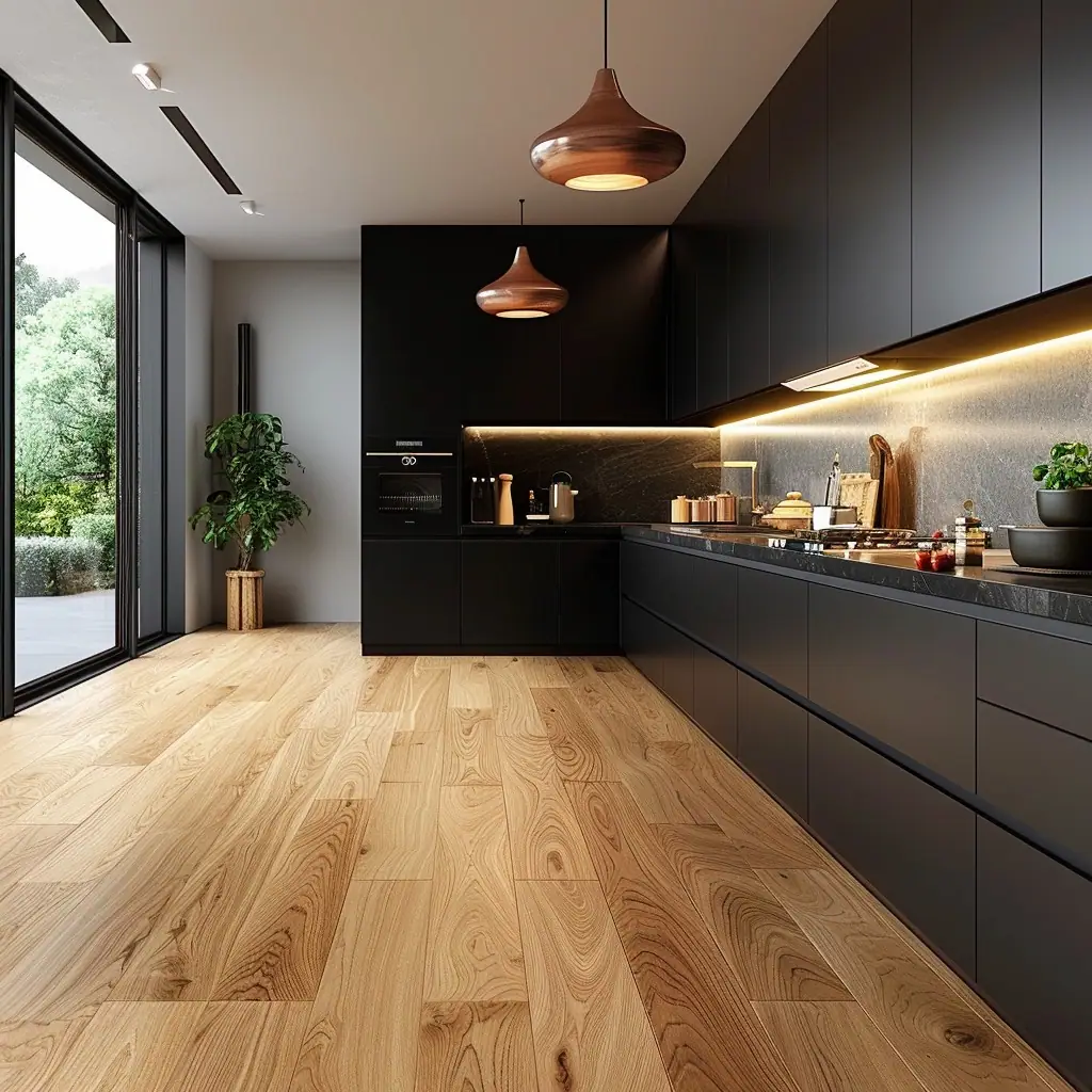 A contemporary kitchen featuring matte black cabinets, integrated appliances, and wooden floors. Natural light from the large window illuminates the space, highlighting a plant, stylish pendant lights, and a countertop with cooking ingredients and utensils.