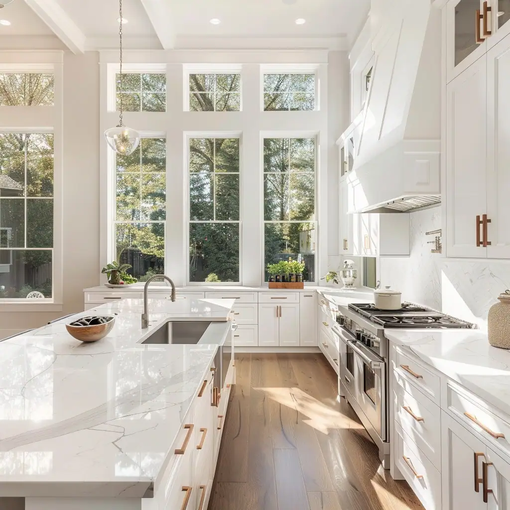 A bright white kitchen with tall windows allowing ample sunlight to highlight the elegant marble countertops and hardwood flooring. The kitchen is equipped with white cabinetry accented with bronze handles, high-end stainless steel appliances, and a large island in the center.