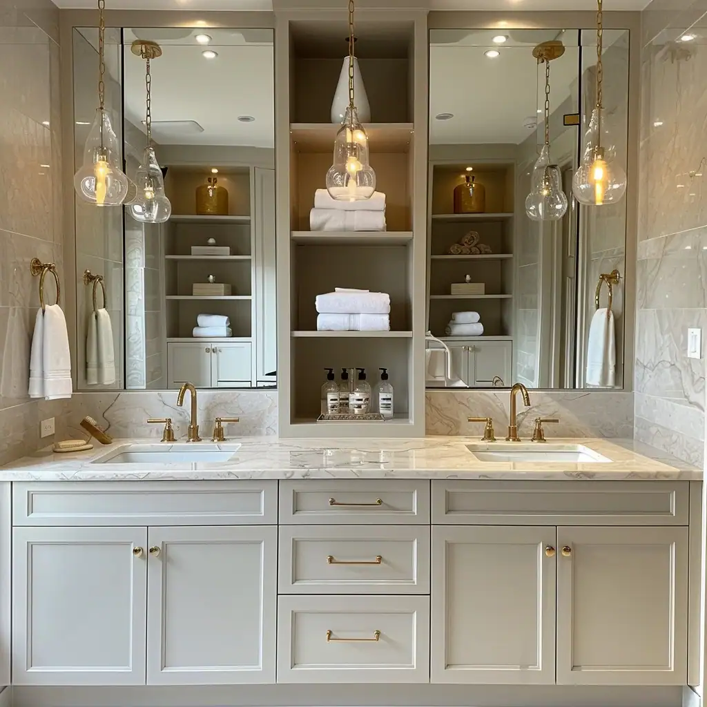 A symmetrical bathroom vanity setup with two sinks, gold faucets, and marble countertops. Flanking the vanity are shelves with neatly folded white towels and gold accents. Above each sink hangs a clear glass pendant light, casting a soft, inviting glow over the space. The entire scene reflects off a large central mirror, which enhances the bathroom's feeling of spaciousness and luxury.