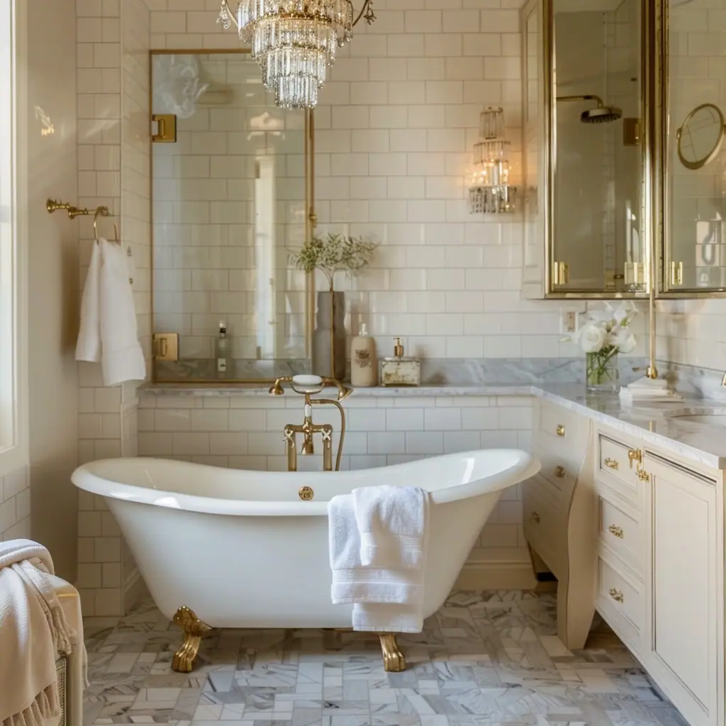 An opulent bathroom featuring a white freestanding bathtub with golden claw feet and matching gold fixtures. A crystal chandelier hangs above, adding elegance to the space. The bathroom is adorned with white subway tiles, marble countertops, a stylish wall-mounted towel holder, and a gold-framed mirror, creating a sophisticated and tranquil ambiance.
