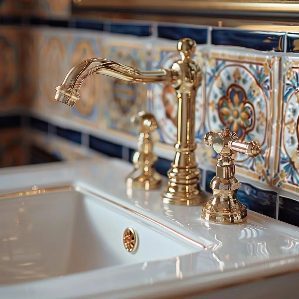 Close-up view of a luxurious bathroom sink with a polished gold faucet, set against a decorative tile backsplash featuring intricate blue and orange patterns. The white ceramic sink shines under warm lighting, reflecting the attention to detail and opulence of the bathroom fixtures.