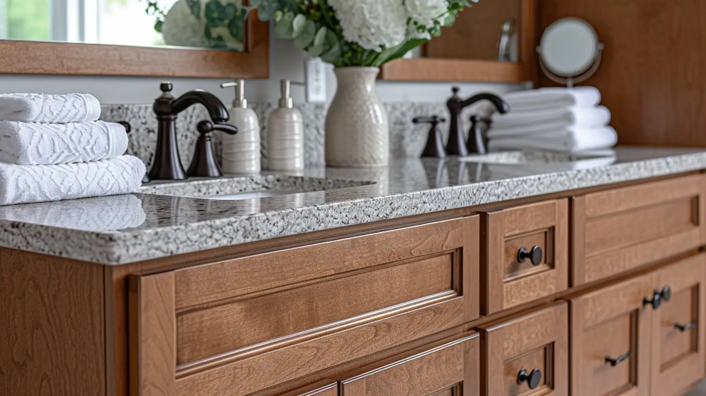 A close-up of a bathroom vanity featuring a polished granite countertop with warm wood cabinets and oil-rubbed bronze faucets. Fresh white towels are neatly stacked to the side, and matching ceramic dispensers add to the clean aesthetic. A vase with white flowers brings a touch of nature indoors, enhancing the calm and cozy atmosphere.